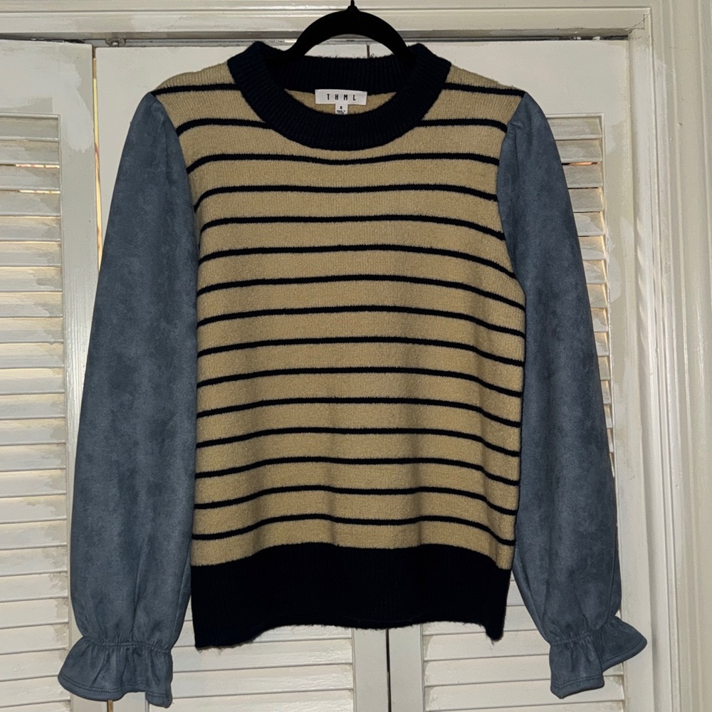 THML Striped Crewneck Sweater with Suede Puff Sleeves